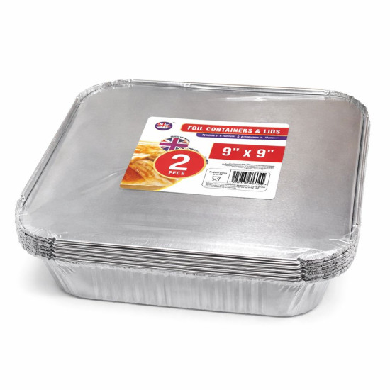 Deep Foil Containers & Lids Approx 230mm x 230mm x 35mm Pack of 2