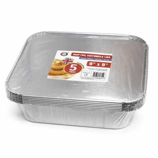 Deep Foil Containers & Lids Approx 230mm x 230mm x 50mm - Pack of 5