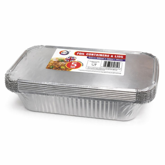 Foil Containers & Lids Approx 200mm x 110mm x 50mm Pack of 5