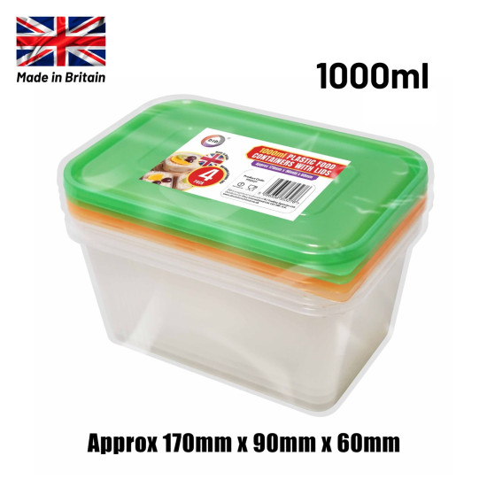 Plastic Food Containers With Lids 1000ml - Pack of 4