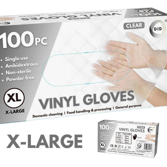 X-Large Powder Free Clear Vinyl Gloves - 100Pcs