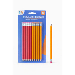 Pencils With Erasers Pack of 12  - Approx Length 19cm Hard Black 