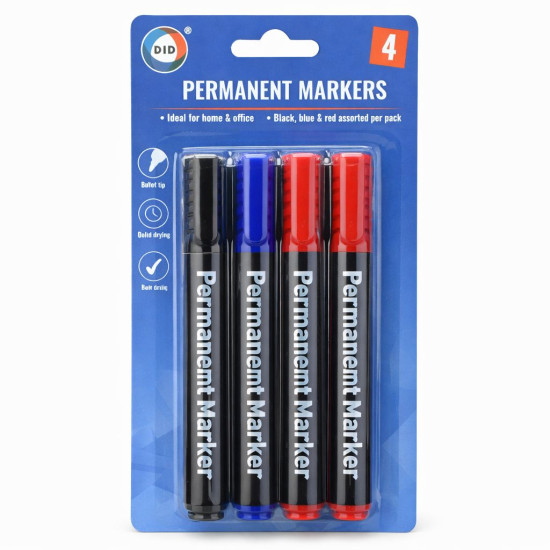 Permanent Markers Pack of 4 - Black, Red & Blue Colour